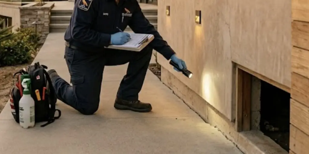 A professional pest control technician inspecting a Calabasas home exterior at sunset, wearing a branded uniform, realistic lighting, palm trees, modern California architecture.