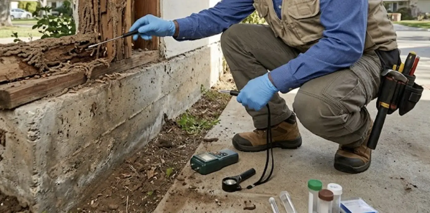 A pest control technician examining termite damage near a residential home foundation in Encino, California,