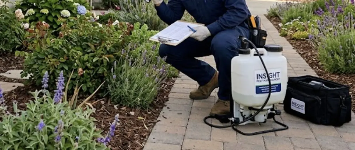 A professional pest control technician from Insight Pest Management inspecting a suburban Fillmore home exterior near garden landscaping