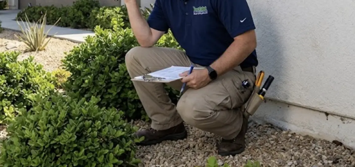 A professional pest control technician from Insight Pest Management inspecting the exterior of a suburban Moorpark home