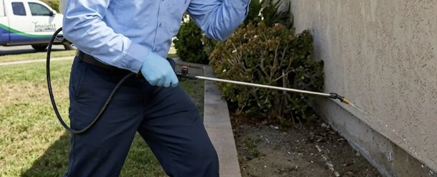 A professional pest control technician from Insight Pest Management servicing a suburban home in San Fernando Valley