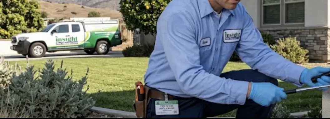 A professional pest control technician from Insight Pest Management inspecting a residential home in Somis, California