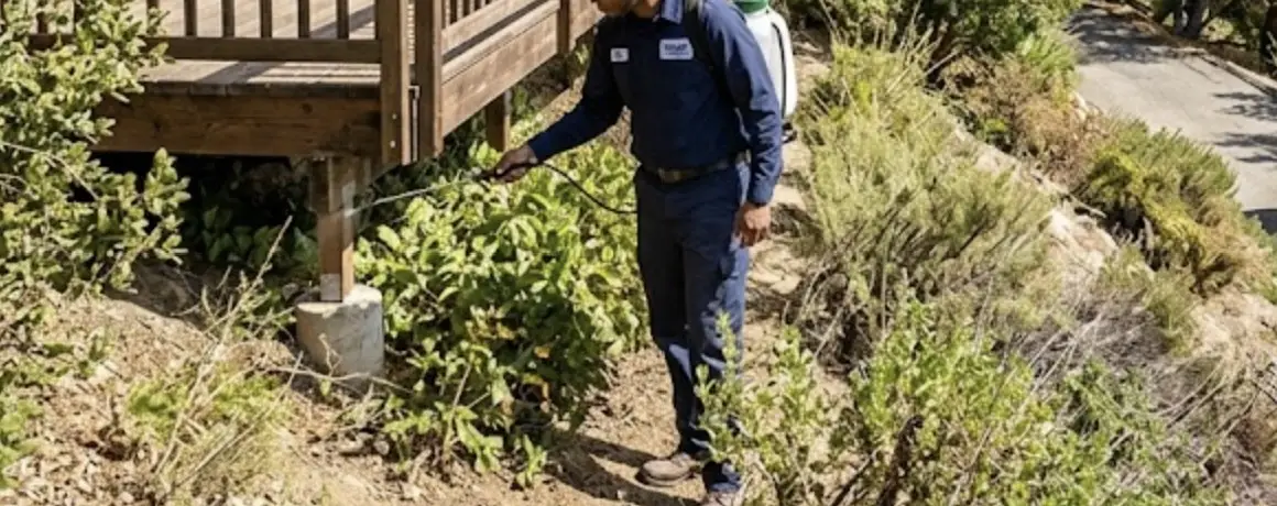 A professional pest control technician from Insight Pest Management inspecting a hillside residential home surrounded by natural vegetation.