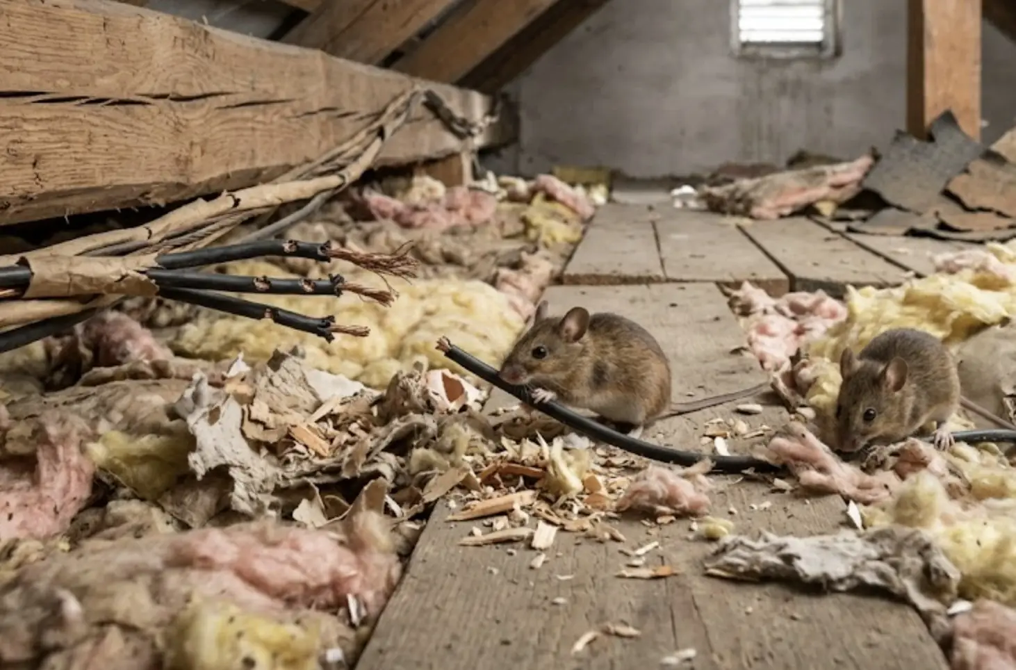 Mice in an attic chewing on exposed electrical wires and insulation, with debris scattered around, indicating a serious pest infestation