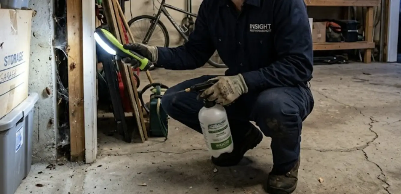 Technician from Insight Pest Management inspecting cracks and storage areas for cockroaches using a flashlight and botanical pest control solutions.